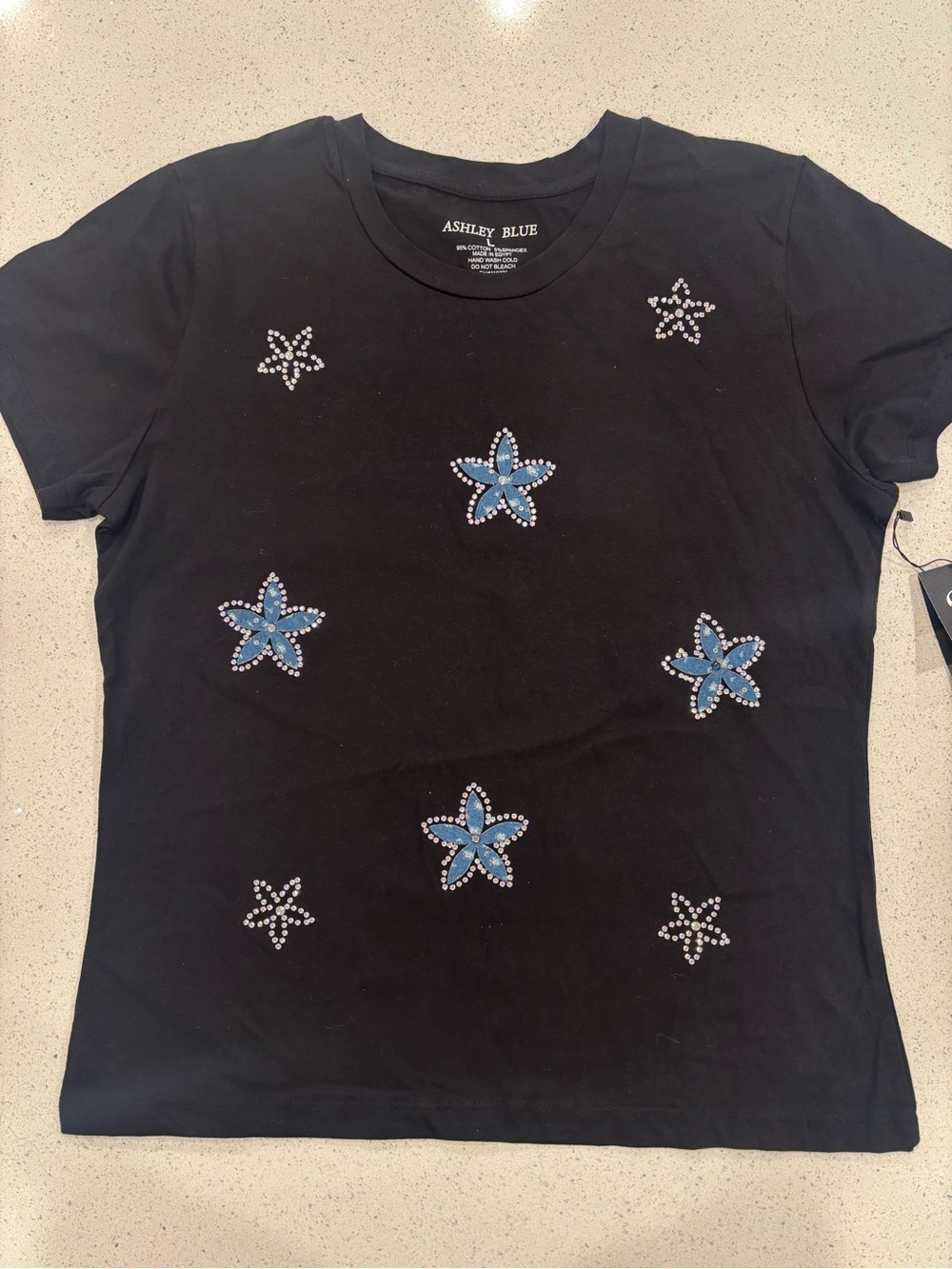 Ashley Blue Women’s Crewneck Black Cotton Tee With Denim Stars & Rhinestones L
